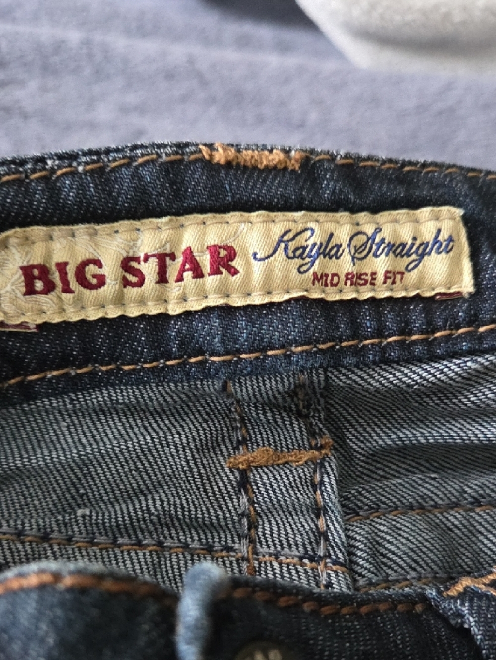 Big Star Kayla Straight Mid-Rise Jeans in Dark Blue with Tan Stitching - Picture 2 of 8
